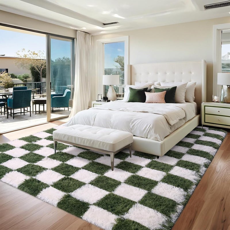 FALARK Rugs for Living Room Bedroom, 5x7 ft Dark Green and White Checkered Area Rug, Fluffy Soft Washable Carpet, Modern Non-Slip Shag Carpets for Boys Girls Nursery Home Aesthetic Decor Room - Image 2