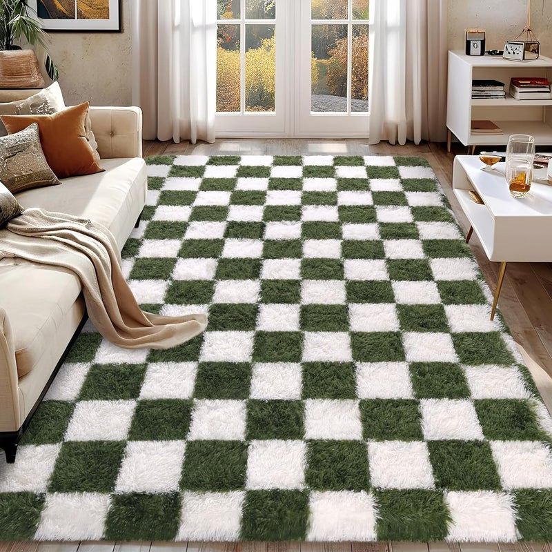 FALARK Rugs for Living Room Bedroom, 5x7 ft Dark Green and White Checkered Area Rug, Fluffy Soft Washable Carpet, Modern Non-Slip Shag Carpets for Boys Girls Nursery Home Aesthetic Decor Room - Image 1