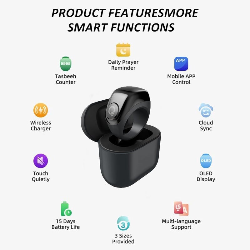 Smart Ring,Muslim Prayer, Prayer timing reminder,Smart tasbih ring, 0.55"OLED display,Tasbih Counter,IP67 Waterproof smart ring,3 types variable rings,With charging case Ultra long battery life - Image 2
