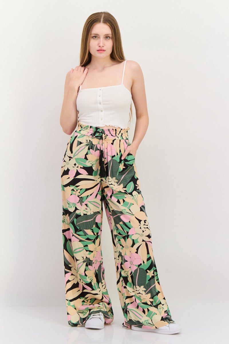 Roxy Women Floral Print Wide Leg Palazzo Pants, Green - Image 4