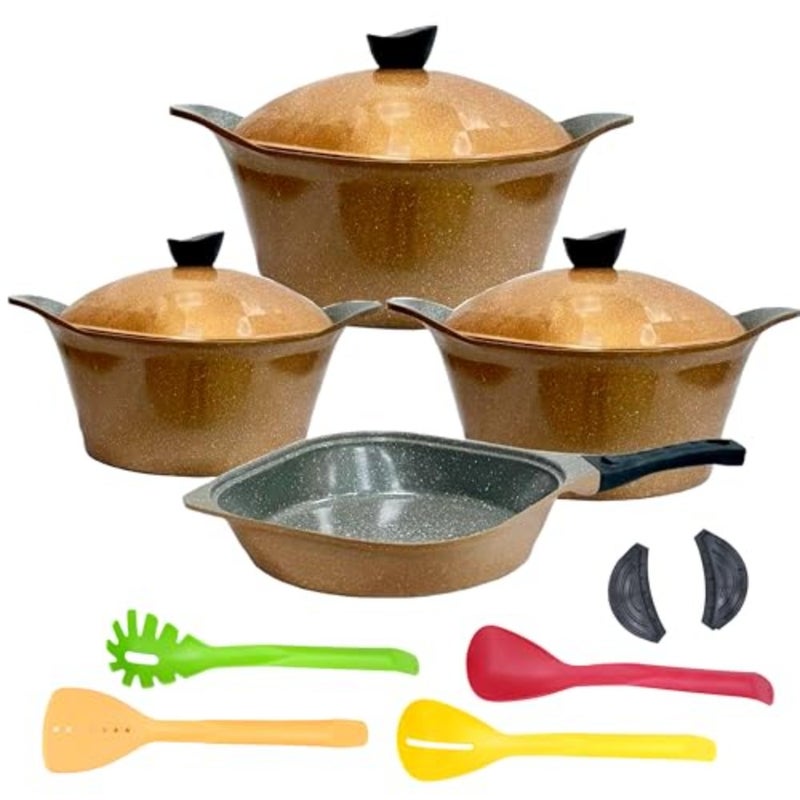 V-SQ-SET13 Square set 13 PCS Single Pot 18+20+24) with lid+(2) Silicone +(Fry Pan 26 CM)+(4) PCS Kitchen Tools - Image 1