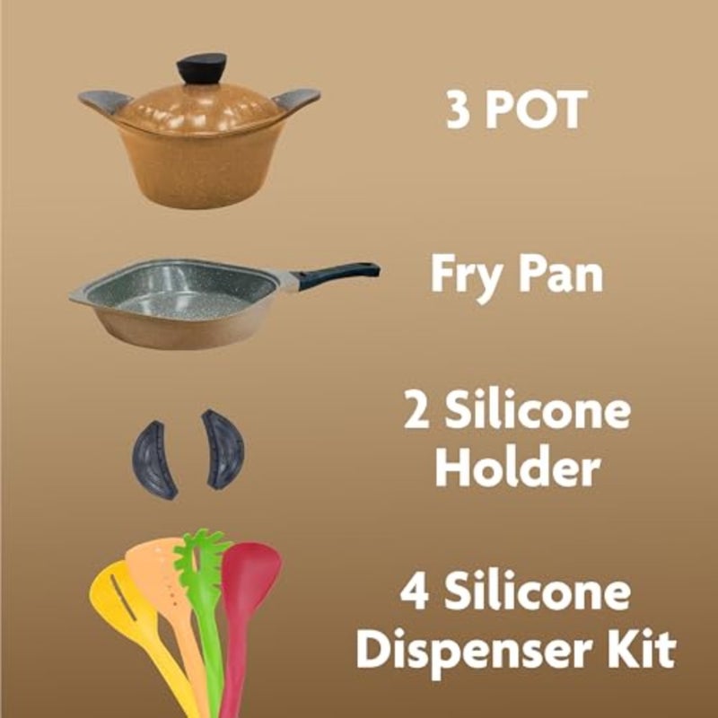 V-SQ-SET13 Square set 13 PCS Single Pot 18+20+24) with lid+(2) Silicone +(Fry Pan 26 CM)+(4) PCS Kitchen Tools - Image 2