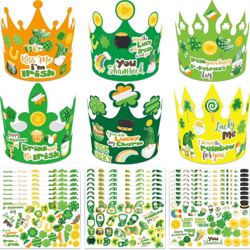 WorldBazaar St Patricks Day Crown Crafts Kits for Kids 24 Pack Green Shamrock Clover Paper Hat with Stickers Lucky Irish Classroom Family Party Supplies - Image 3