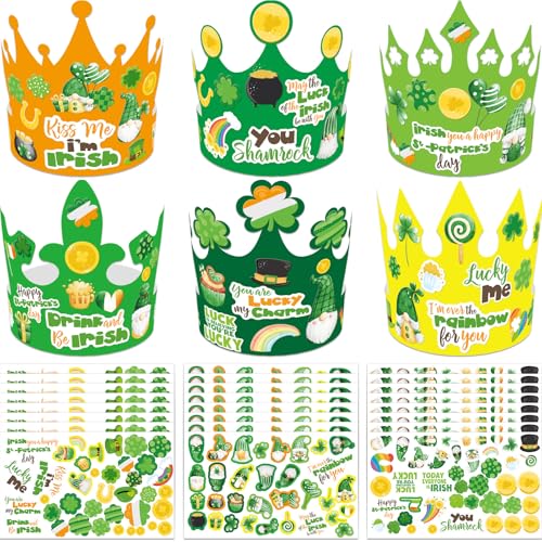 WorldBazaar St Patricks Day Crown Crafts Kits for Kids 24 Pack Green Shamrock Clover Paper Hat with Stickers Lucky Irish Classroom Family Party Supplies - Image 1