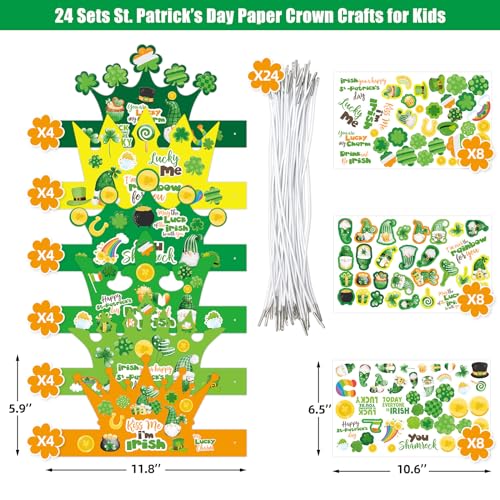 WorldBazaar St Patricks Day Crown Crafts Kits for Kids 24 Pack Green Shamrock Clover Paper Hat with Stickers Lucky Irish Classroom Family Party Supplies - Image 5