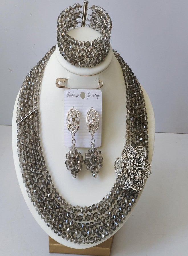 أكزوف طقم مجوهرات خرز أفريقي كلاسيكي من aczuv، طقم مجوهرات زفاف نيجيري للعروس ووصيفات العروس (رمادي) - Image 3