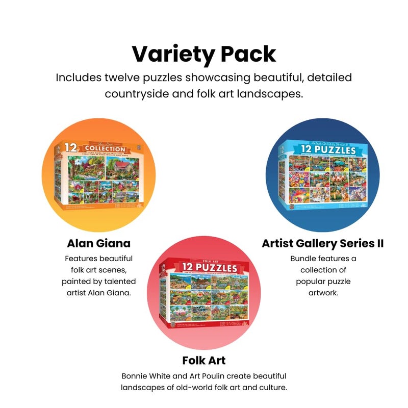 MasterPieces â€“ Jigsaw Puzzle 12-Pack Bundle Set, Fun for Adults and Family, Folk Art Collection, (4) Round 100 Piece, (4) 300 Piece, (4) 500 Pieces - Image 4