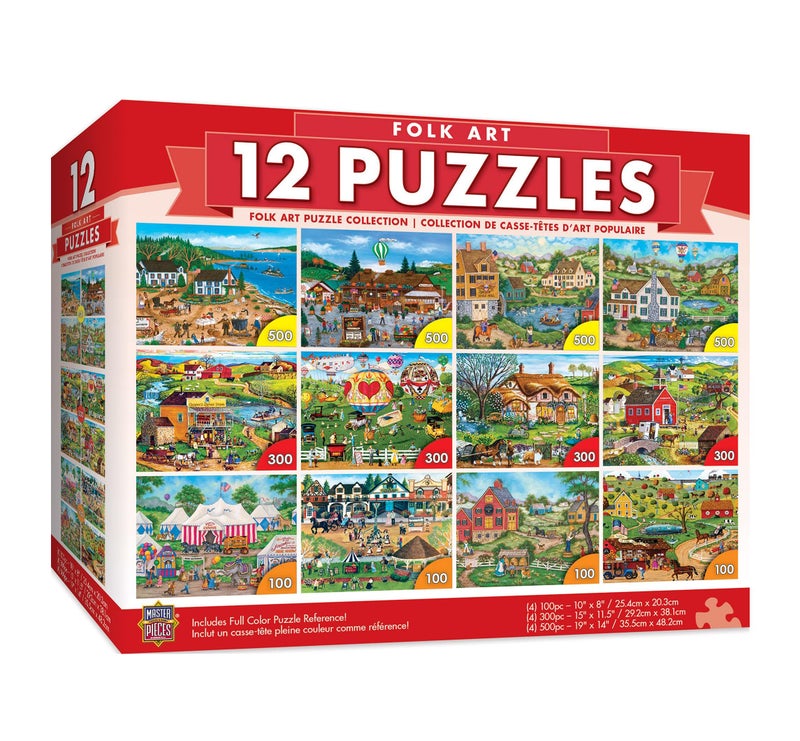MasterPieces â€“ Jigsaw Puzzle 12-Pack Bundle Set, Fun for Adults and Family, Folk Art Collection, (4) Round 100 Piece, (4) 300 Piece, (4) 500 Pieces - Image 1