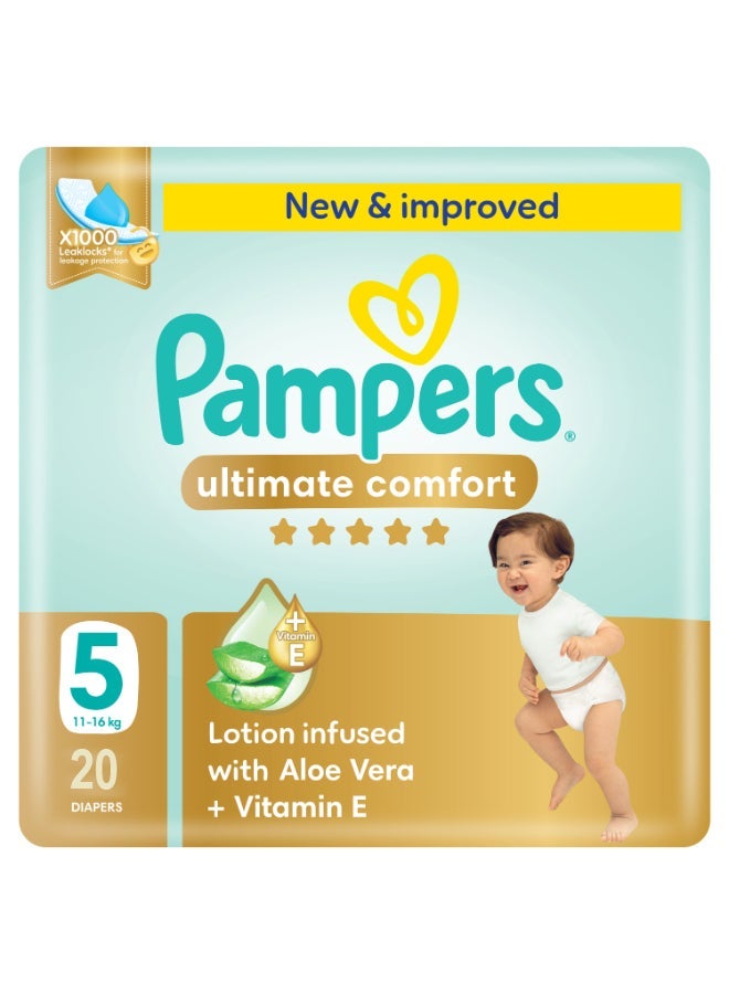 حفاضات أطفال مميزة مزودة بشريط، الحجم 5، 11-16 كجم، امتصاص ناعم لحماية البشرة القصوى، 20 قطعة