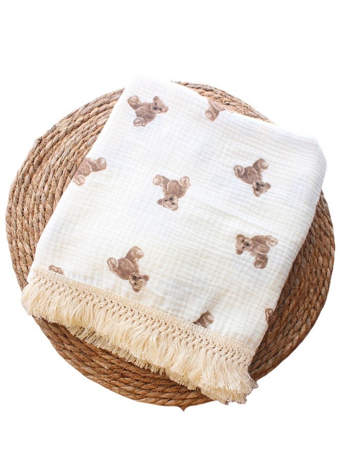 Cotton Muslin Baby Blanket with Tassel, Boho Muslin Swaddle Blanket Baby Receiving Blanket with Fringe, Nursing Blankets for Toddler Infant (120*100cm, Little Bear) - Image 1