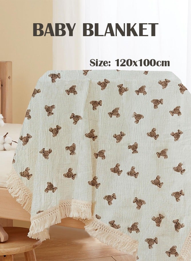 Cotton Muslin Baby Blanket with Tassel, Boho Muslin Swaddle Blanket Baby Receiving Blanket with Fringe, Nursing Blankets for Toddler Infant (120*100cm, Little Bear) - Image 2