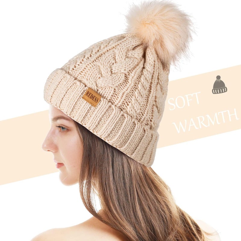 REDESS Women Winter Pompom Beanie Hat with Warm Fleece Lined, Thick Slouchy Snow Knit Skull Ski Cap - Image 2