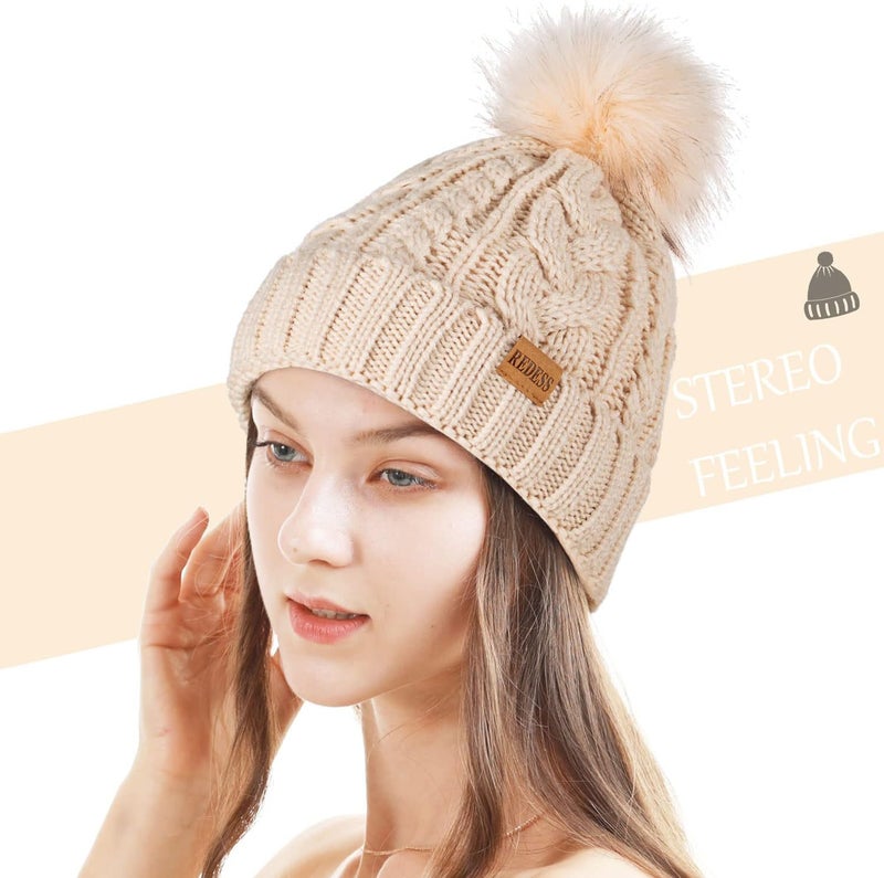REDESS Women Winter Pompom Beanie Hat with Warm Fleece Lined, Thick Slouchy Snow Knit Skull Ski Cap - Image 1