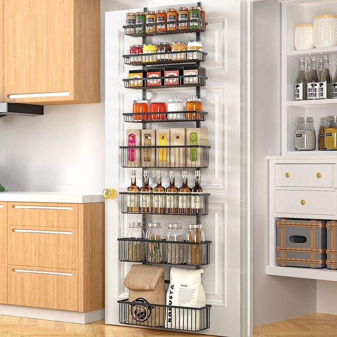 Moforoco 8-Tier Over The Door Pantry Organizer, Pantry Organization and Storage, Black Hanging Basket Wall Spice Rack Seasoning Shelves, Home & Kitchen Laundry Room Bathroom Essentials accessories - Image 1