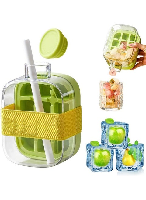 Ice Cube Bottle 500ML  – 2-in-1 Ice Tray & Water Bottle with Straw, Lid & Webbing | Leakproof, BPA-Free, Touch-Free Ice Release | For Travel, Juice & Outdoors (500ml / 17oz) - Multicolor