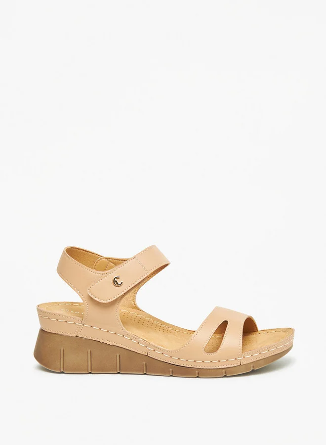 لو كونفورت Solid Strappy Wedge Heeled Sandals with Hook and Loop Closure