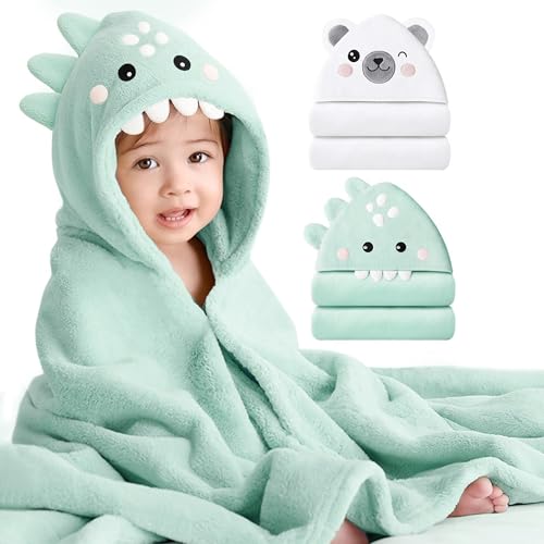 Konssy 2Pack Hooded Baby Towels 32 32 Soft Absorbent Plush Fleece Cute Animal Hood Baby Bath Towels for Newborns Toddlers Boys Girls - Image 1