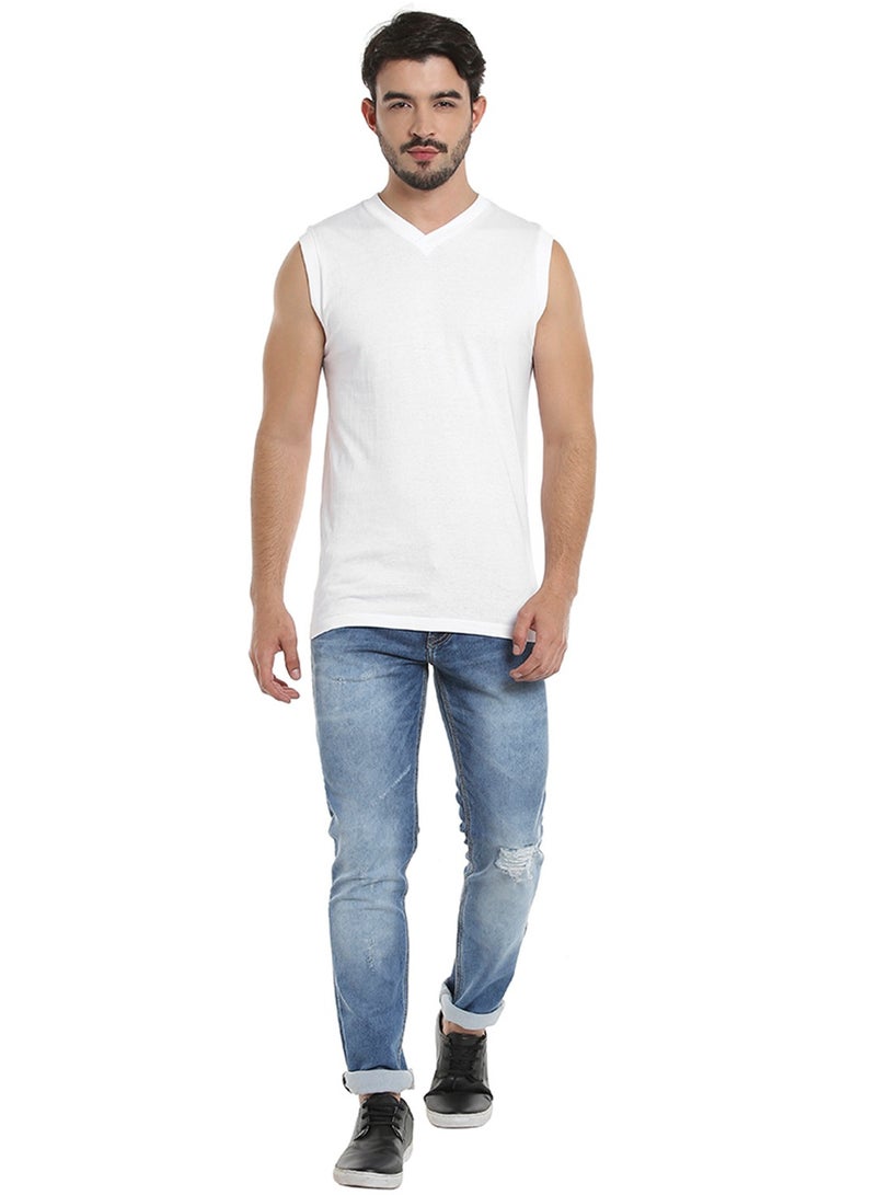 BYC MEN'S SLEEVELESS V-NECK COTTON T-SHIRT (PACK OF 3) - WHITE - Image 2