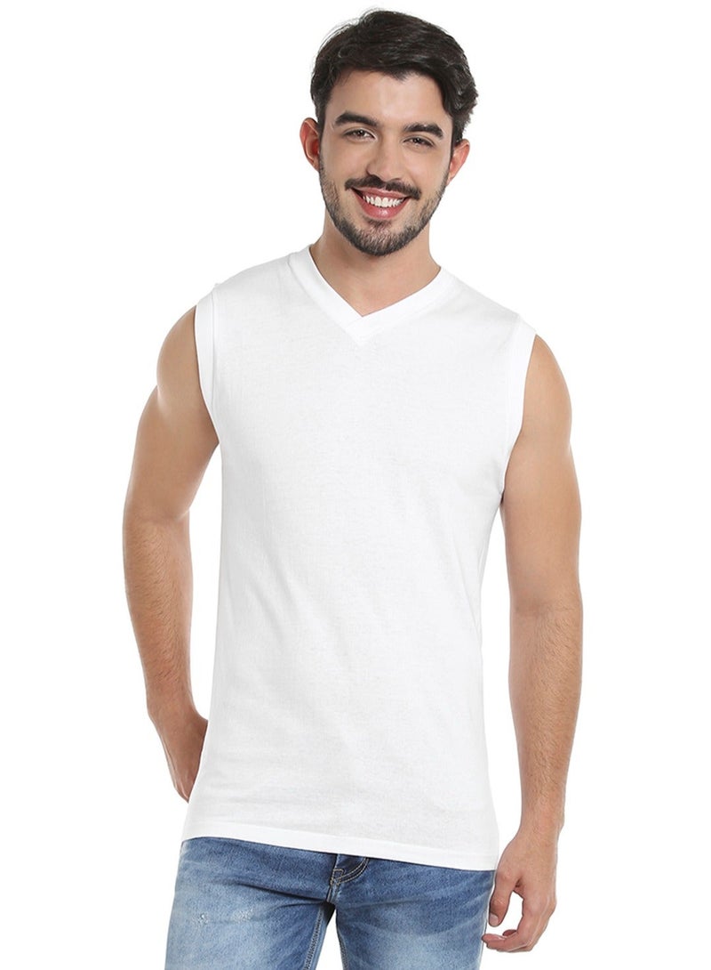 BYC MEN'S SLEEVELESS V-NECK COTTON T-SHIRT (PACK OF 3) - WHITE - Image 3