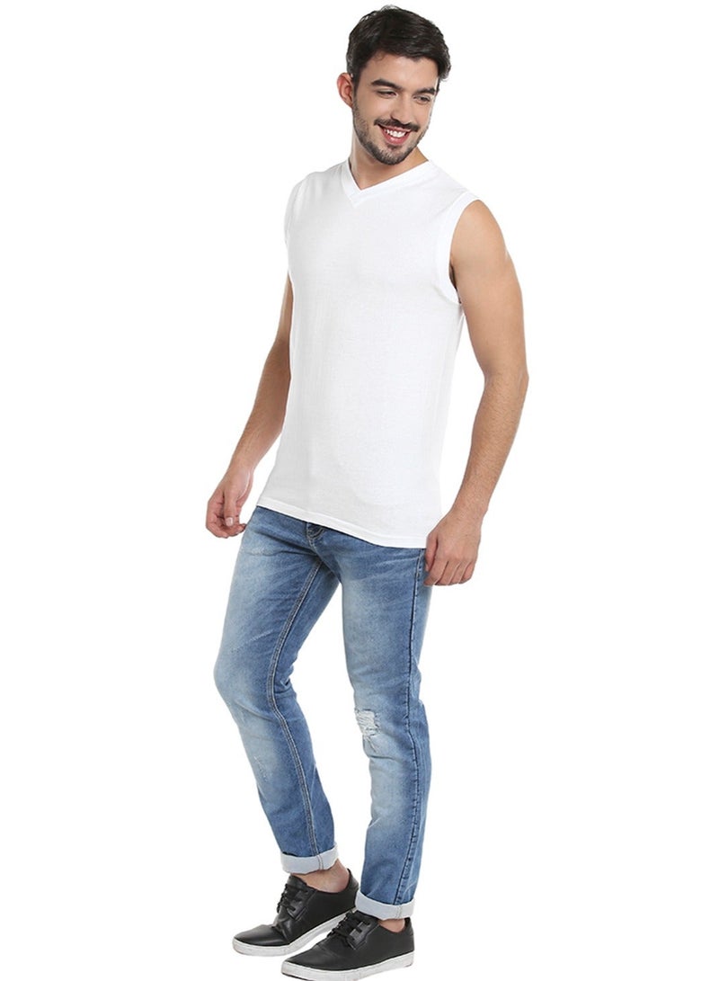 BYC MEN'S SLEEVELESS V-NECK COTTON T-SHIRT (PACK OF 3) - WHITE - Image 4