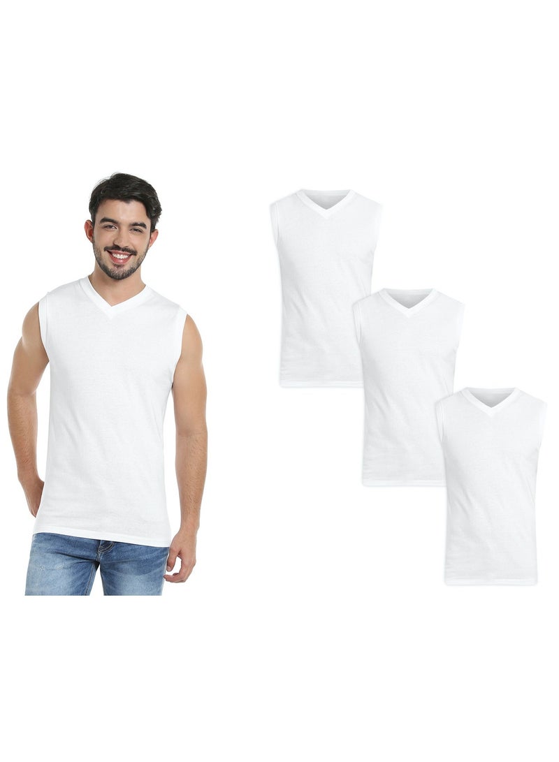 BYC MEN'S SLEEVELESS V-NECK COTTON T-SHIRT (PACK OF 3) - WHITE - Image 1