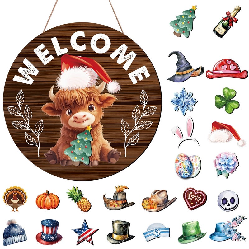 Gameza Interchangeable Welcome Sign for Front Door, Highland Cow Welcome Sign with Interchangeable Holiday Magnet Swappable Pieces, Wooden Home Hanging Decor - Image 1