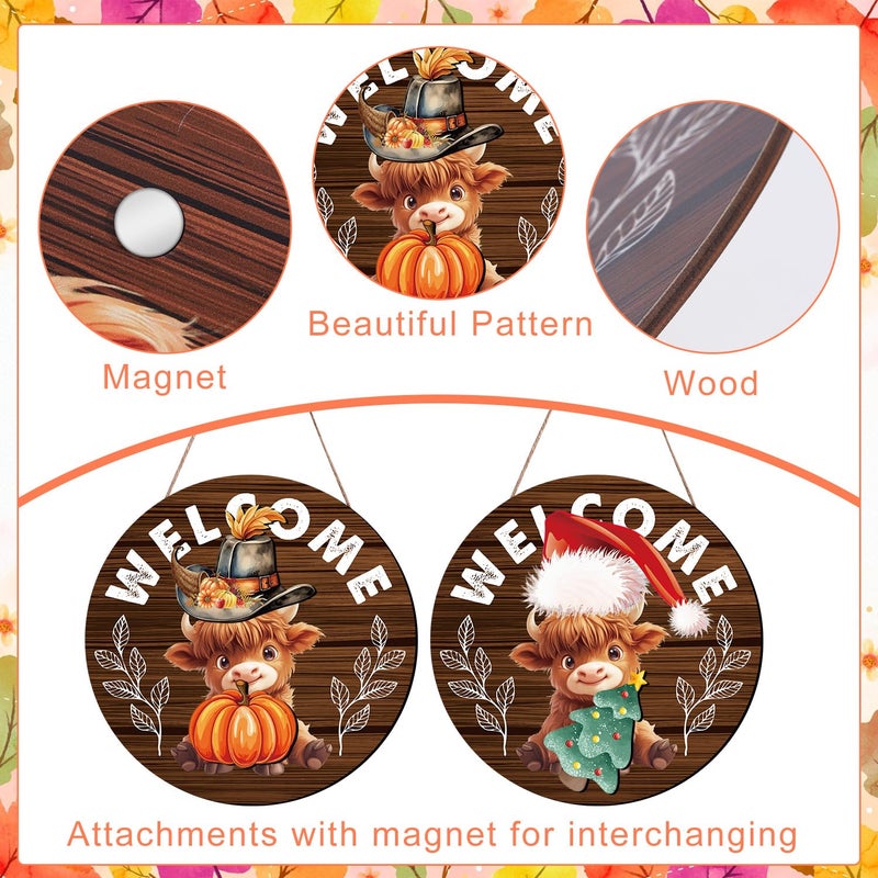Gameza Interchangeable Welcome Sign for Front Door, Highland Cow Welcome Sign with Interchangeable Holiday Magnet Swappable Pieces, Wooden Home Hanging Decor - Image 3