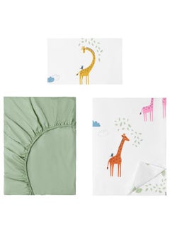 erorex 3-piece bedlinen set with bag, green giraffe, 150x200/50x80 cm  - Image 1