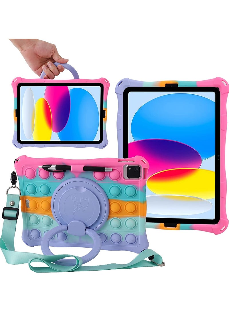 Case for iPad 10th Generation Case 10.9 Inch 2022 Rotating Handle Kickstand Silicone Shockproof Cover with Shoulder Strap  Pencil Holder  Stylus, Rainbow Pink - Image 1