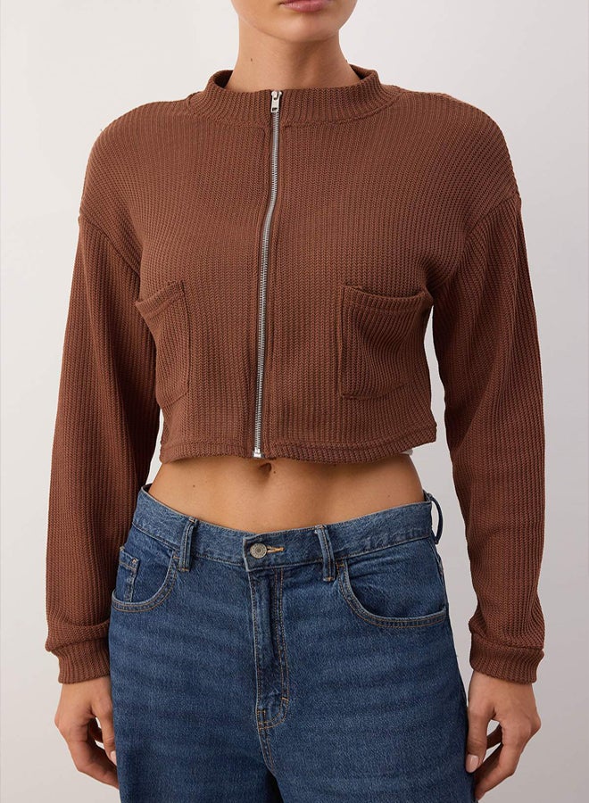 trendyol Brown Zippered Collar Pocket Detail Regular/Normal Fit Crop/Short Jacket - Image 3