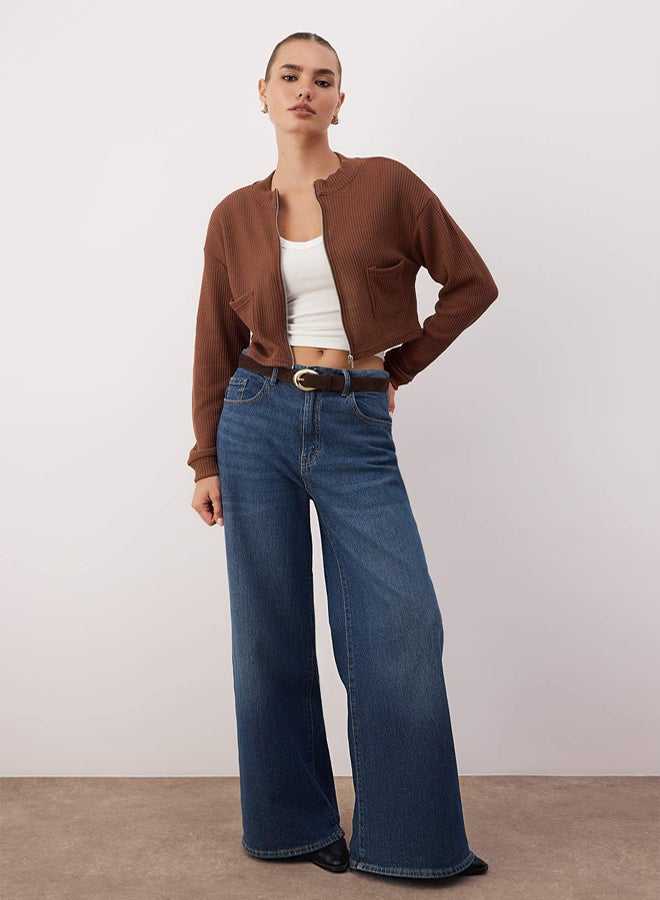 trendyol Brown Zippered Collar Pocket Detail Regular/Normal Fit Crop/Short Jacket - Image 1