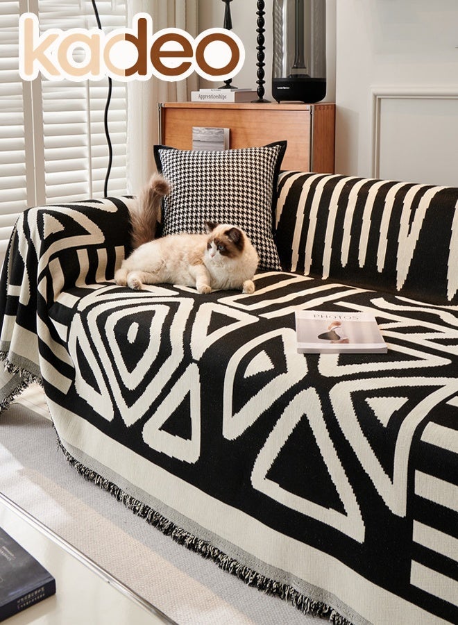 kadeo Boho Couch Cover, Chenille Sofa Cover for 2 Cushion Couch Sofa, Black White Plaid Sofa Slipcover with Tassel, Washable Loveseat Cover for Dog, Sectional Sofa Couch Cover Sofa Protector for Pet, Furniture Protector 180*230CM - Image 1