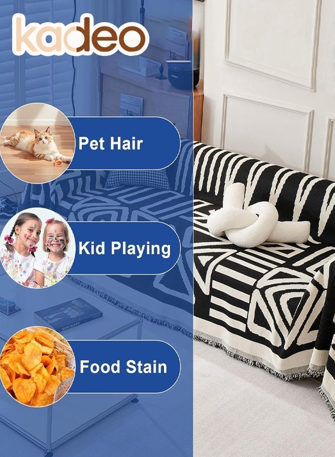 kadeo Boho Couch Cover, Chenille Sofa Cover for 2 Cushion Couch Sofa, Black White Plaid Sofa Slipcover with Tassel, Washable Loveseat Cover for Dog, Sectional Sofa Couch Cover Sofa Protector for Pet, Furniture Protector 180*230CM - Image 3