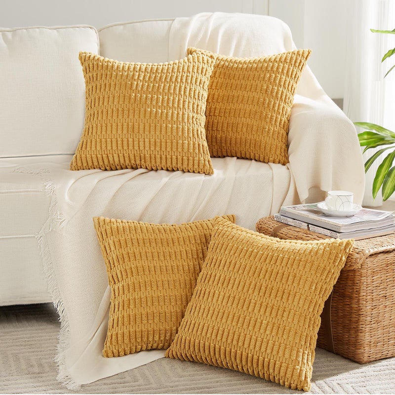 Fancy Homi 4 Packs Mustard Yellow Decorative Throw Pillow Covers 18x18 Inch for Living Room Couch Bed Sofa Rustic Farmhouse Boho Home Decor Soft Plush Striped Corduroy Square Cushion Case 45x45 cm