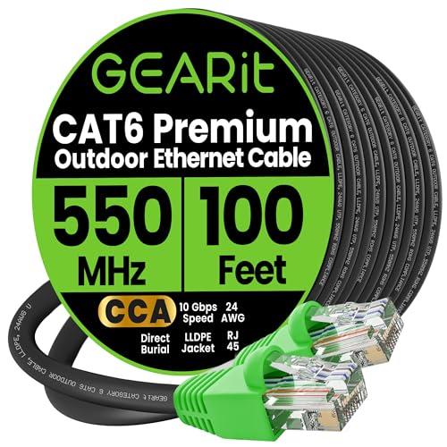 GEARit Cat 6 Ethernet Cable 100 ft, Direct Burial Outdoor Cat6 Ethernet Cable 24AWG High Speed Up to 10 Gbps/550 MHz, LLDPE (PE) UV-Resistant Waterproof Jacket, CCA, RJ45 Internet Cable for Router - Image 1