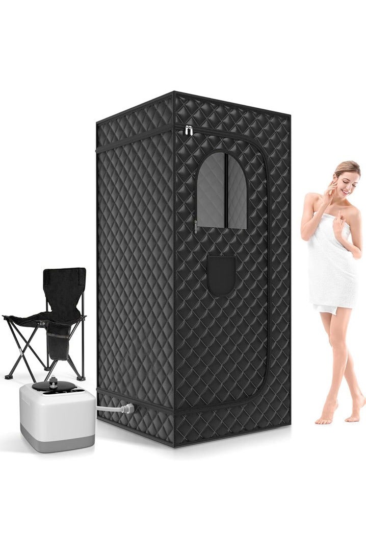 L&E Portable Sauna Box for Home Steam Sauna Indoor Foldable Sauna Tent Personal Full Body Spa with 3L 110V 1200W Steamer, Remote Control, Folding Chair, 9 Levels, Black, 90CMx90CMx180CM - Image 1