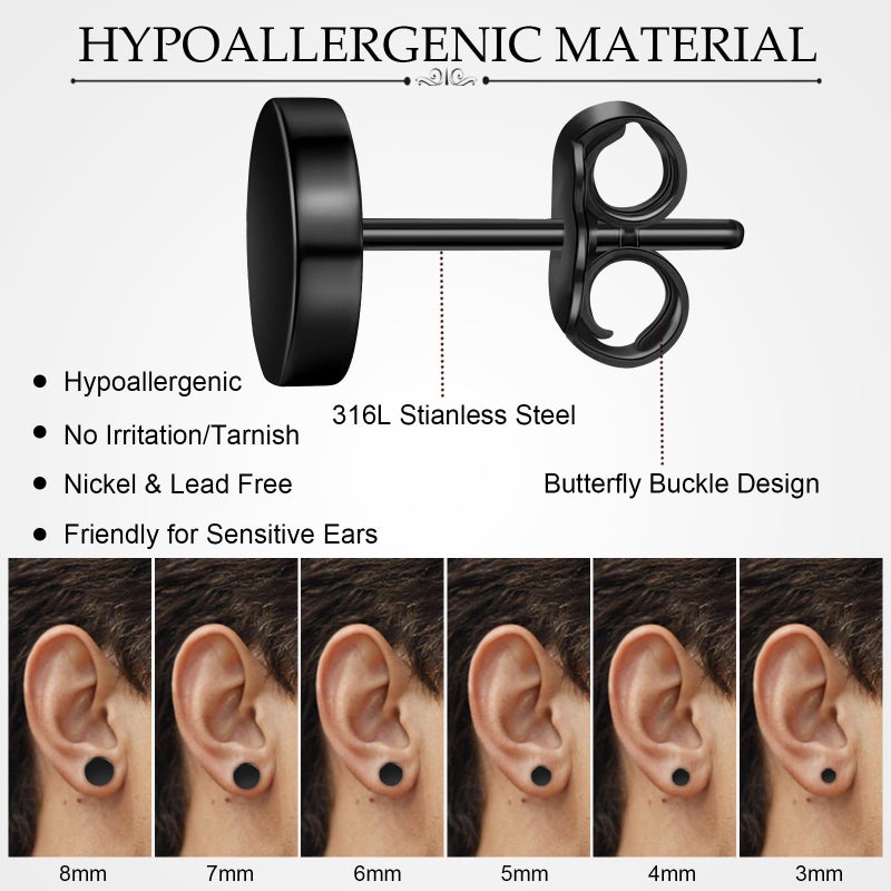 ONESING 6 Pairs Black Stud Earrings for Men Stainless Steel Mens Earrings Studs Hypoallergenic Round Black Earrings Studs Set for Multiple Piercings 18G/3mm 4mm 5mm 6mm 7mm 8mm - Image 2