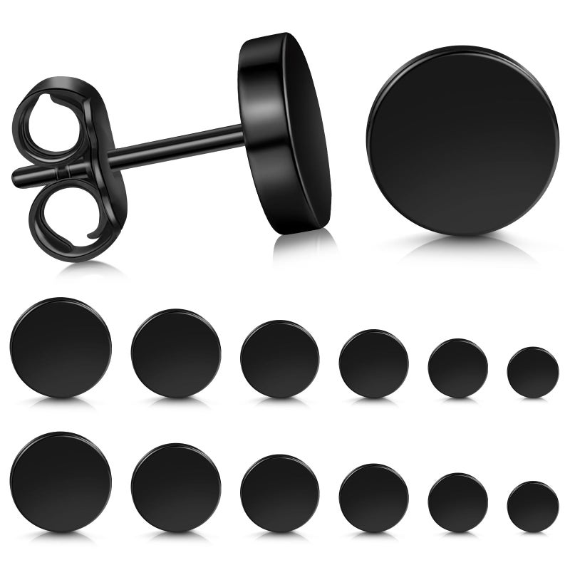 ONESING 6 Pairs Black Stud Earrings for Men Stainless Steel Mens Earrings Studs Hypoallergenic Round Black Earrings Studs Set for Multiple Piercings 18G/3mm 4mm 5mm 6mm 7mm 8mm - Image 1