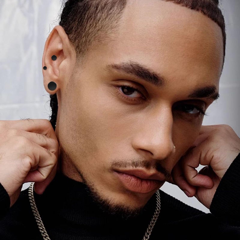 ONESING 6 Pairs Black Stud Earrings for Men Stainless Steel Mens Earrings Studs Hypoallergenic Round Black Earrings Studs Set for Multiple Piercings 18G/3mm 4mm 5mm 6mm 7mm 8mm - Image 3