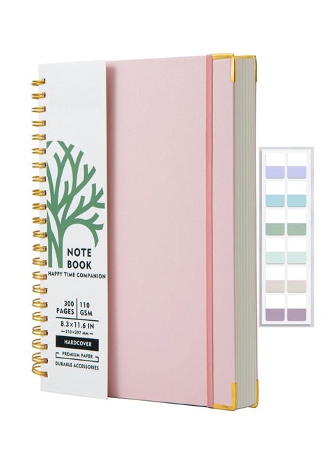 A4 Hardcover Spiral Notebook 300 Pages, 8.5 x 11 Inch Notebooks College Ruled, 110 GSM Thick Lined Paper Notebooks With Metal Rounded And 12pcs Index Tabs For Work, School and Travel,  Journals for Writing, Large Journal, Pink