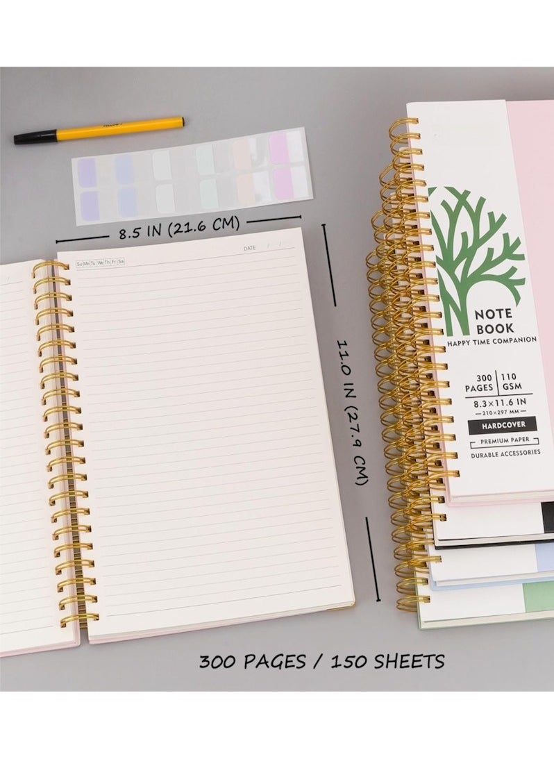 A4 Hardcover Spiral Notebook 300 Pages, 8.5 x 11 Inch Notebooks College Ruled, 110 GSM Thick Lined Paper Notebooks With Metal Rounded And 12pcs Index Tabs For Work, School and Travel,  Journals for Writing, Large Journal, Pink