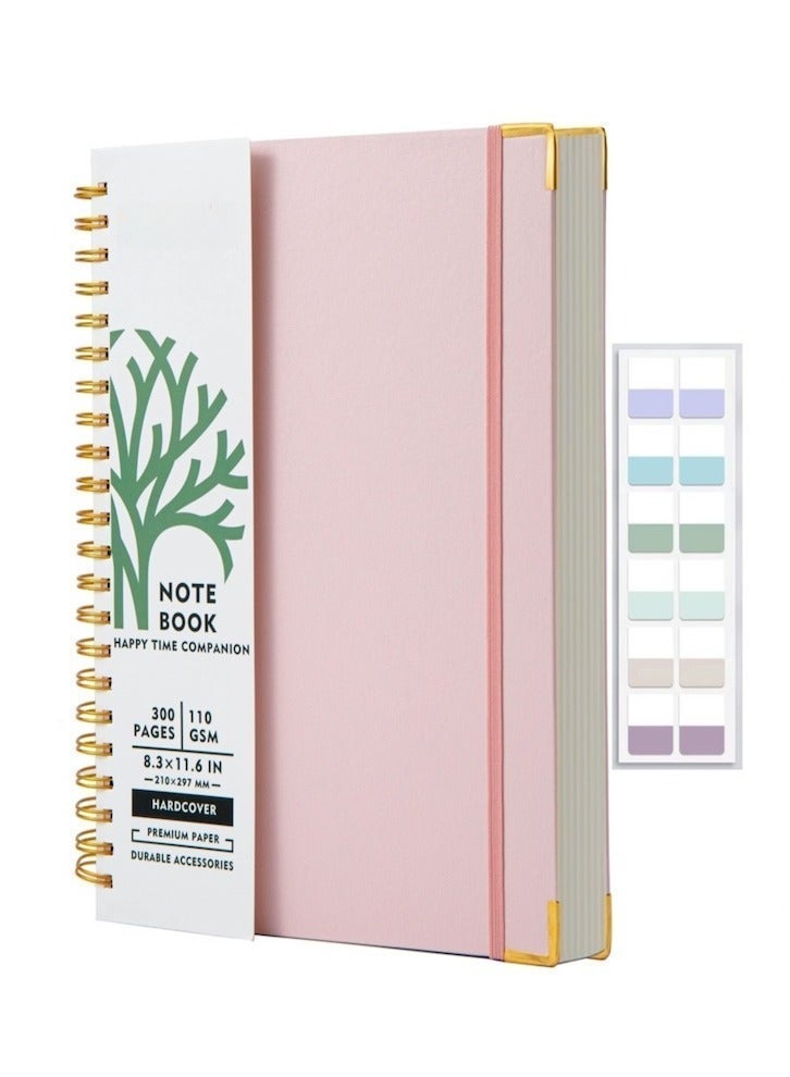 SUZZ A4 Hardcover Spiral Notebook 300 Pages, 8.5 x 11 Inch Notebooks College Ruled, 110 GSM Thick Lined Paper Notebooks With Metal Rounded And 12pcs Index Tabs For Work, School and Travel,  Journals for Writing, Large Journal, Pink - Image 1