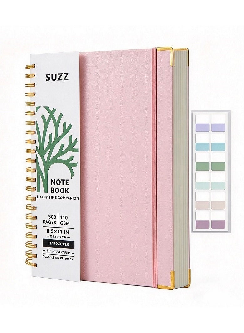 SUZZ A4 Hardcover Spiral Notebook 300 Pages, 8.5 x 11 Inch Notebooks College Ruled, 110 GSM Thick Lined Paper Notebooks With Metal Rounded And 12pcs Index Tabs For Work, School and Travel,  Journals for Writing, Large Journal, Pink - Image 1