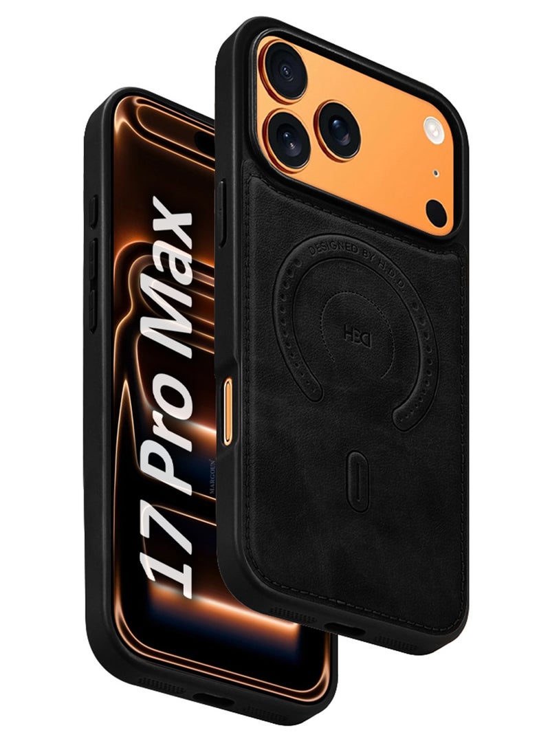 HDD Premium Leather Case Compatible with iPhone 17 Pro Max, Slim MagSafe Shockproof Protective Cover with Metallic Camera Ring & Tactile Buttons – Black - Image 1