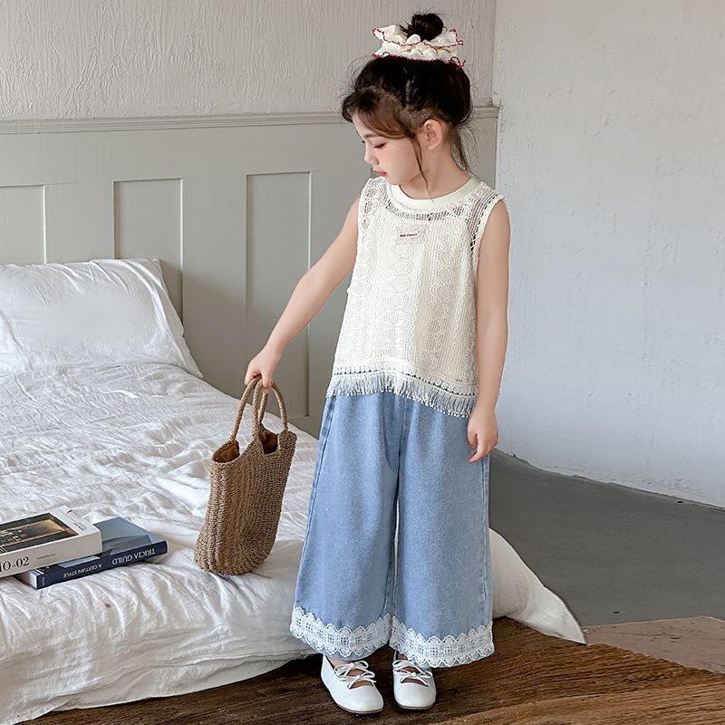 Girls Summer Suit Style Cut Out Vest Suspenders Fashionable Straight Pants Girls Summer Thin Three-Piece Set - Image 4