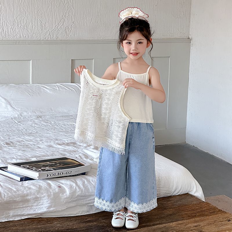 Girls Summer Suit Style Cut Out Vest Suspenders Fashionable Straight Pants Girls Summer Thin Three-Piece Set - Image 5