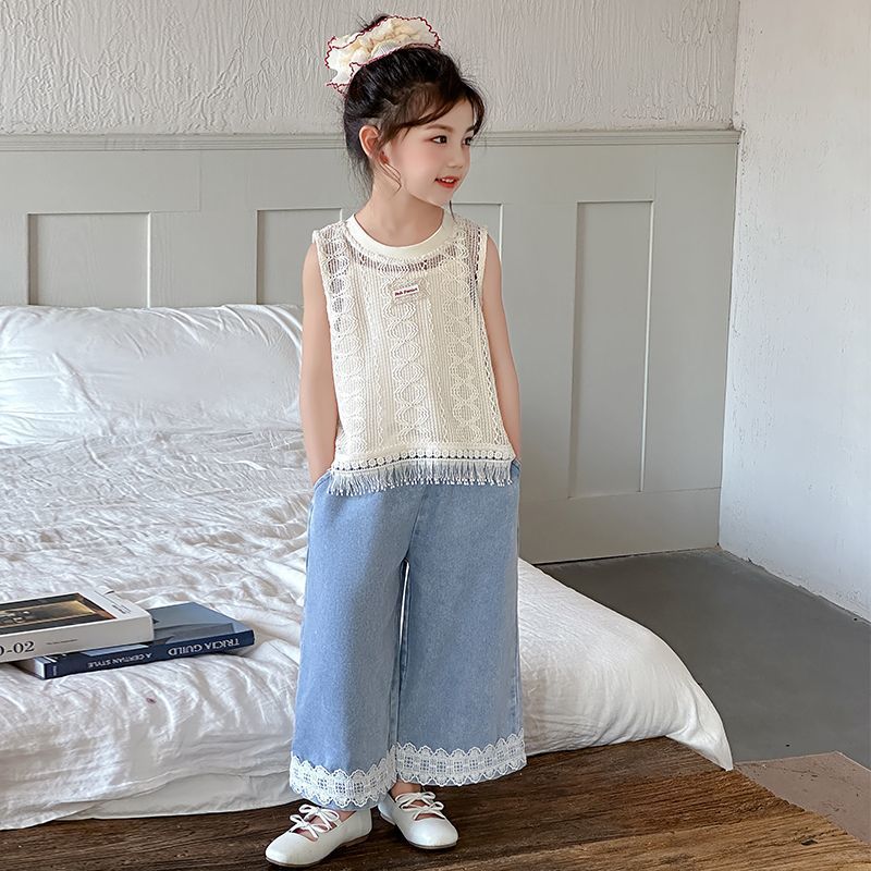 Girls Summer Suit Style Cut Out Vest Suspenders Fashionable Straight Pants Girls Summer Thin Three-Piece Set - Image 3