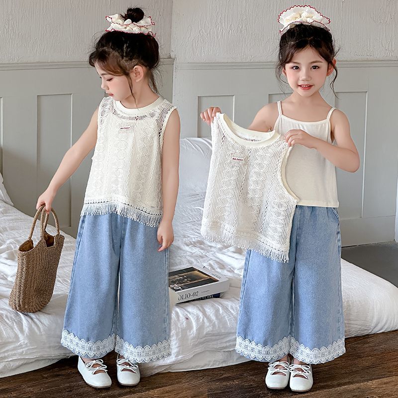 Girls Summer Suit Style Cut Out Vest Suspenders Fashionable Straight Pants Girls Summer Thin Three-Piece Set - Image 2