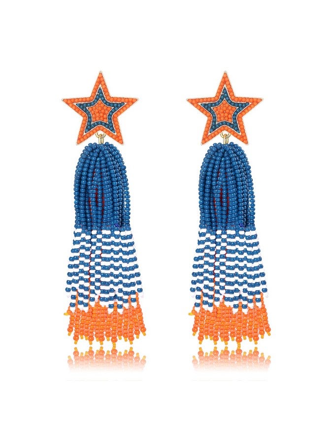 BSJELL Game Day Earrings For Women Beaded Star Tassel Drop Dangle Earrings Football Sports Earrings Game Day Fan Jewelry Gifts(Orange Blue) - Image 1