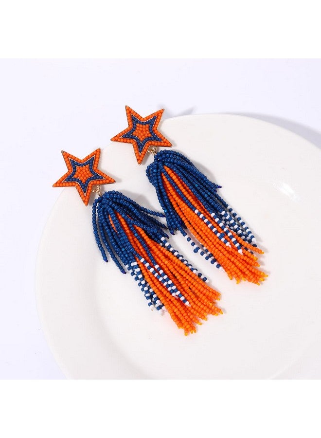 BSJELL Game Day Earrings For Women Beaded Star Tassel Drop Dangle Earrings Football Sports Earrings Game Day Fan Jewelry Gifts(Orange Blue) - Image 3